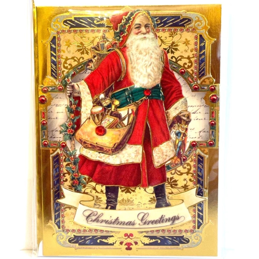 Punch Studio Single (1) Golden Santa 3D Die-Cut Embellished 5x7 Card Env (64443)